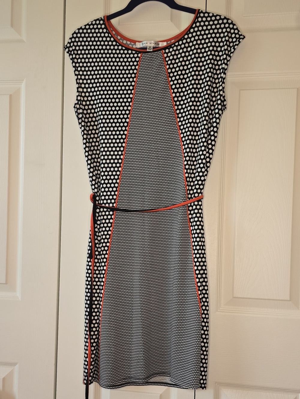 Max Studio Black and White Polka Dot Midi Dress with Coral Trim